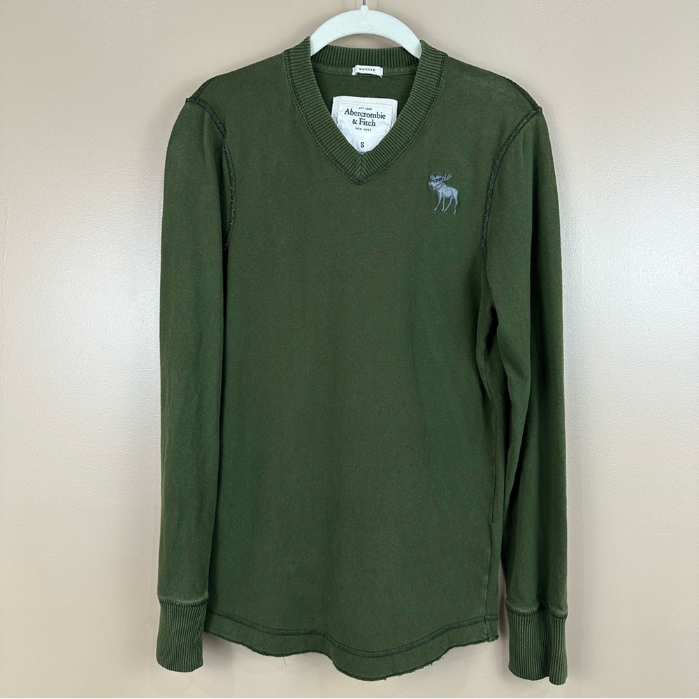 Y2K Abercrombie & Fitch Men’s Muscle Fit Green V-Neck Long Sleeve Shirt Small